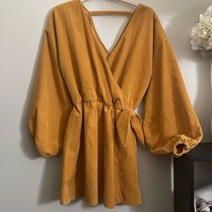 ASOS DESIGN cord wrap smock mini dress in marigold